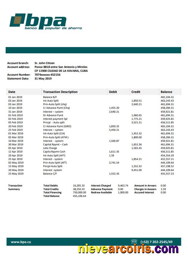 Cuba Banco Popular de Ahorro (BPA) bank statement